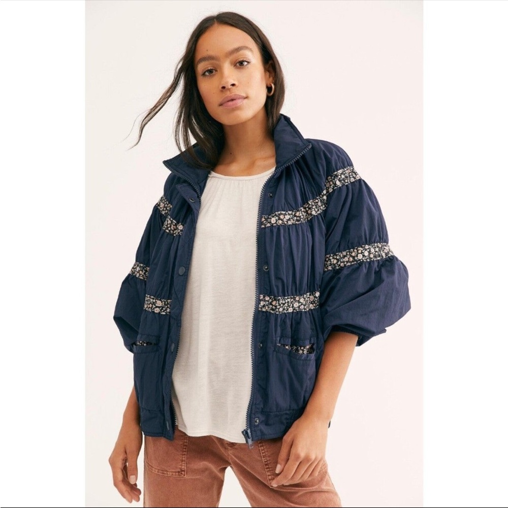 Free People On My Mind Floral Retro Bomber Jacket
